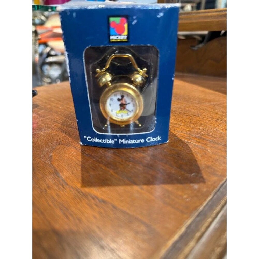 Vintage Disney Mickey Mouse Miniature Gold-Tone Alarm Clock in Original Box